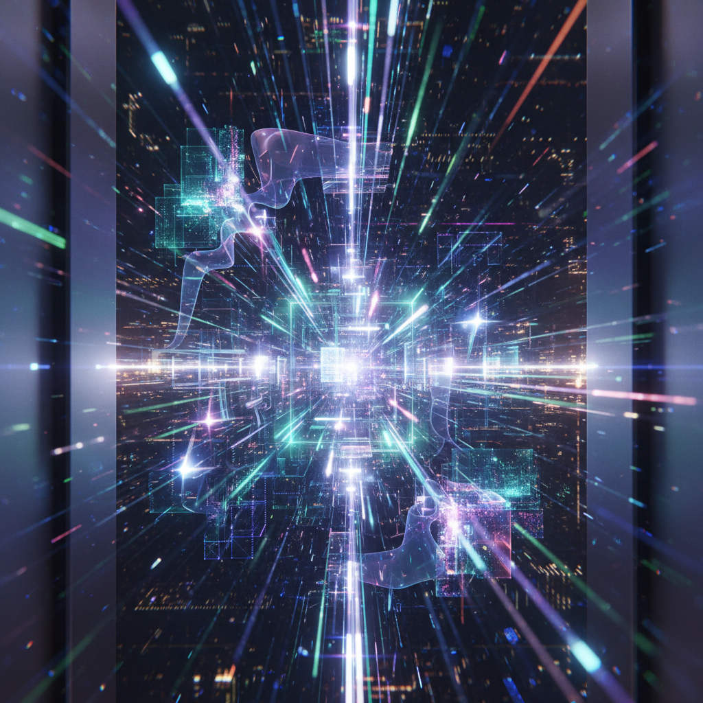 Dynamic light streaks and geometric shapes representing high-speed data transmission in a digital network.