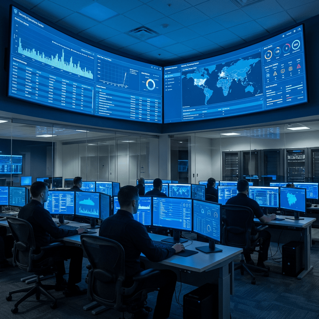 Analysts monitoring global data dashboards and network activity in a high-tech command center.