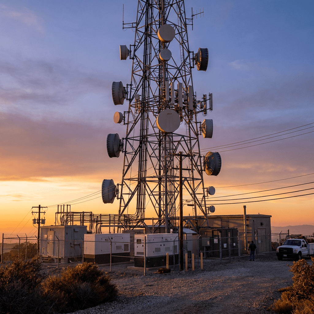 Large lattice telecommunications tower with numerous satellite dishes silhouetted against a vibrant sunset sky.