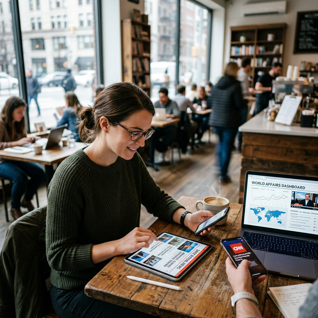 Two people reading news articles on tablet, smartphone, and laptop in a café