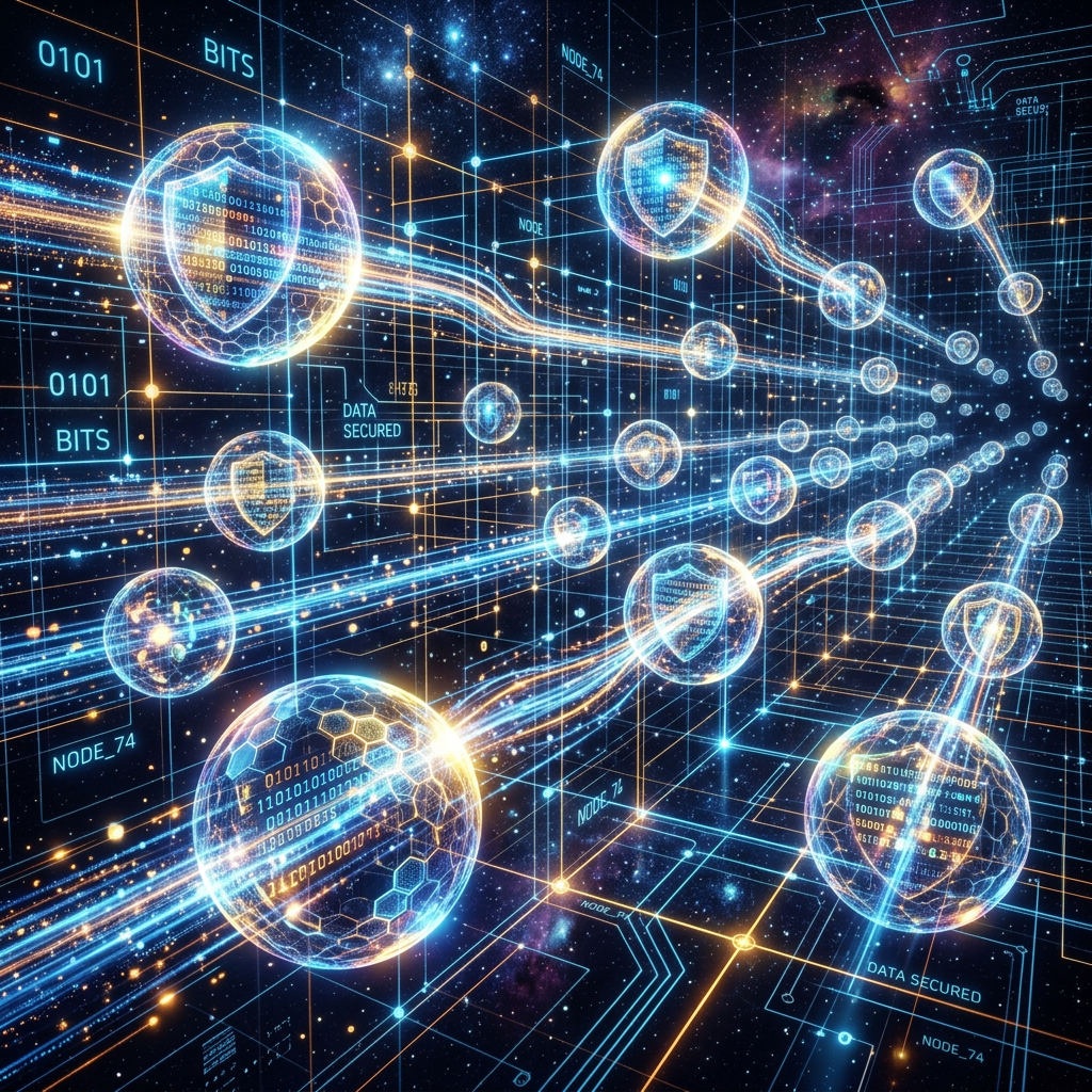Glowing interconnected data nodes with shield icons and encrypted binary code
