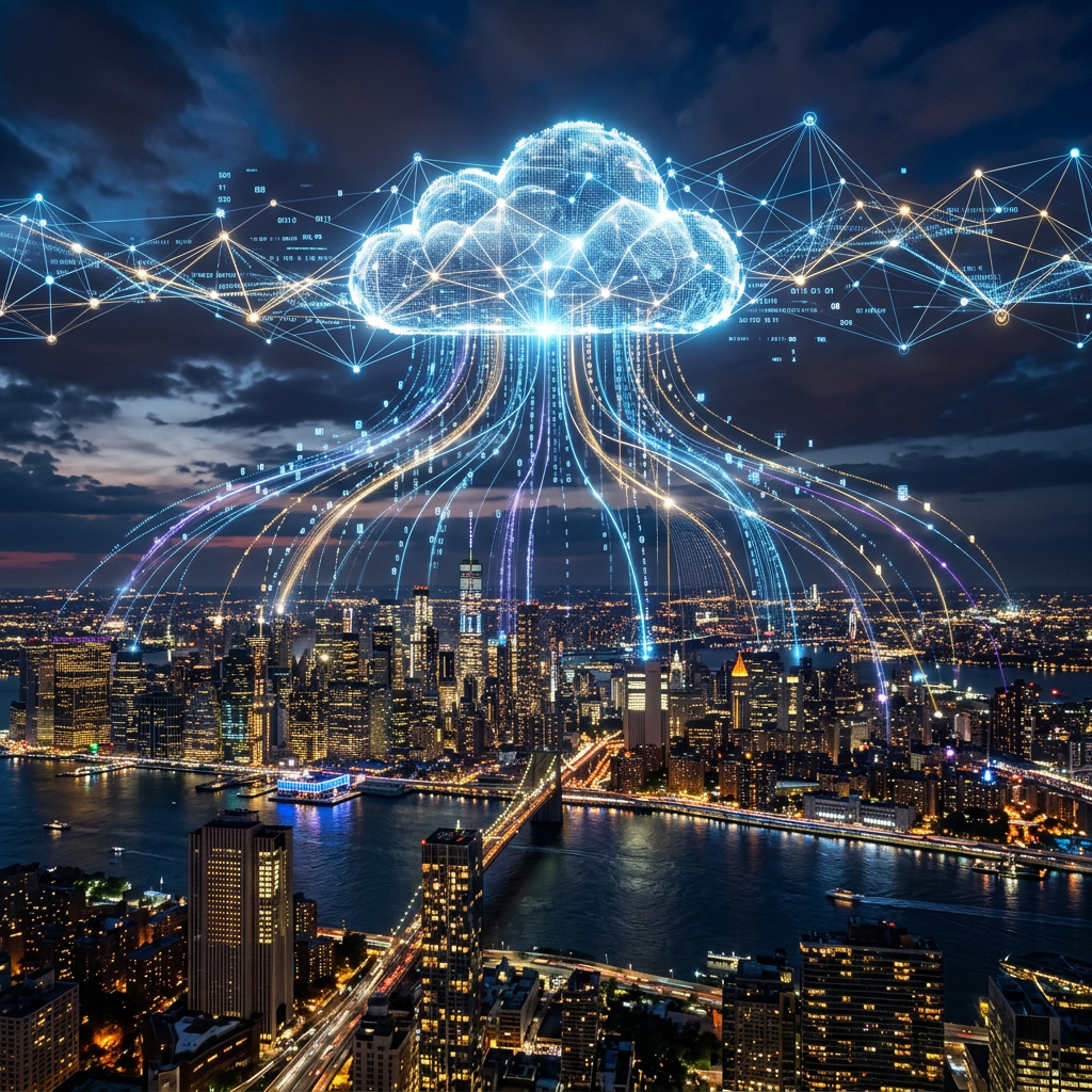 Glowing digital cloud above city sending multiple data streams connected to city buildings at night