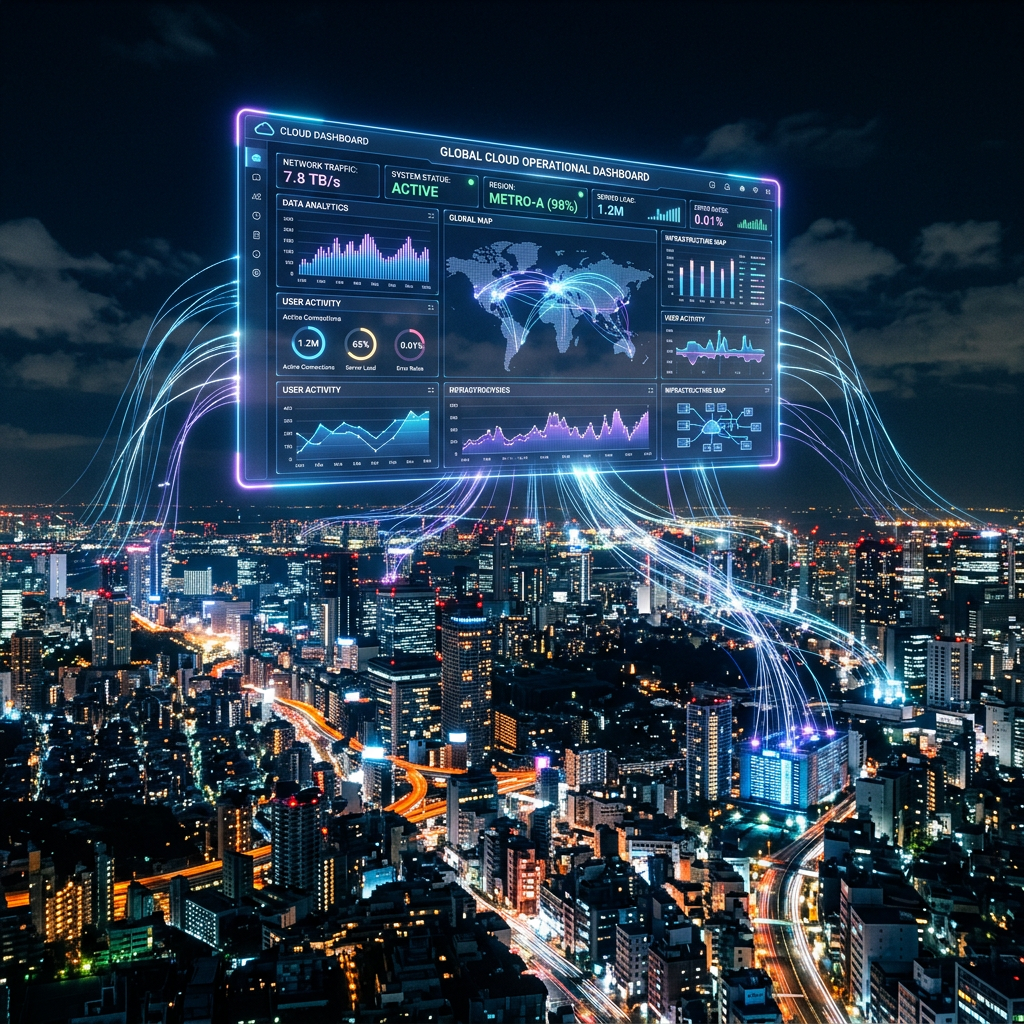 Digital dashboard showing global cloud network statistics and data analytics over city skyline at night