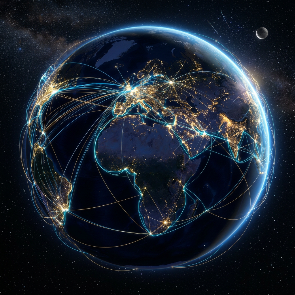 Earth at night showing illuminated cities and glowing network lines connecting continents