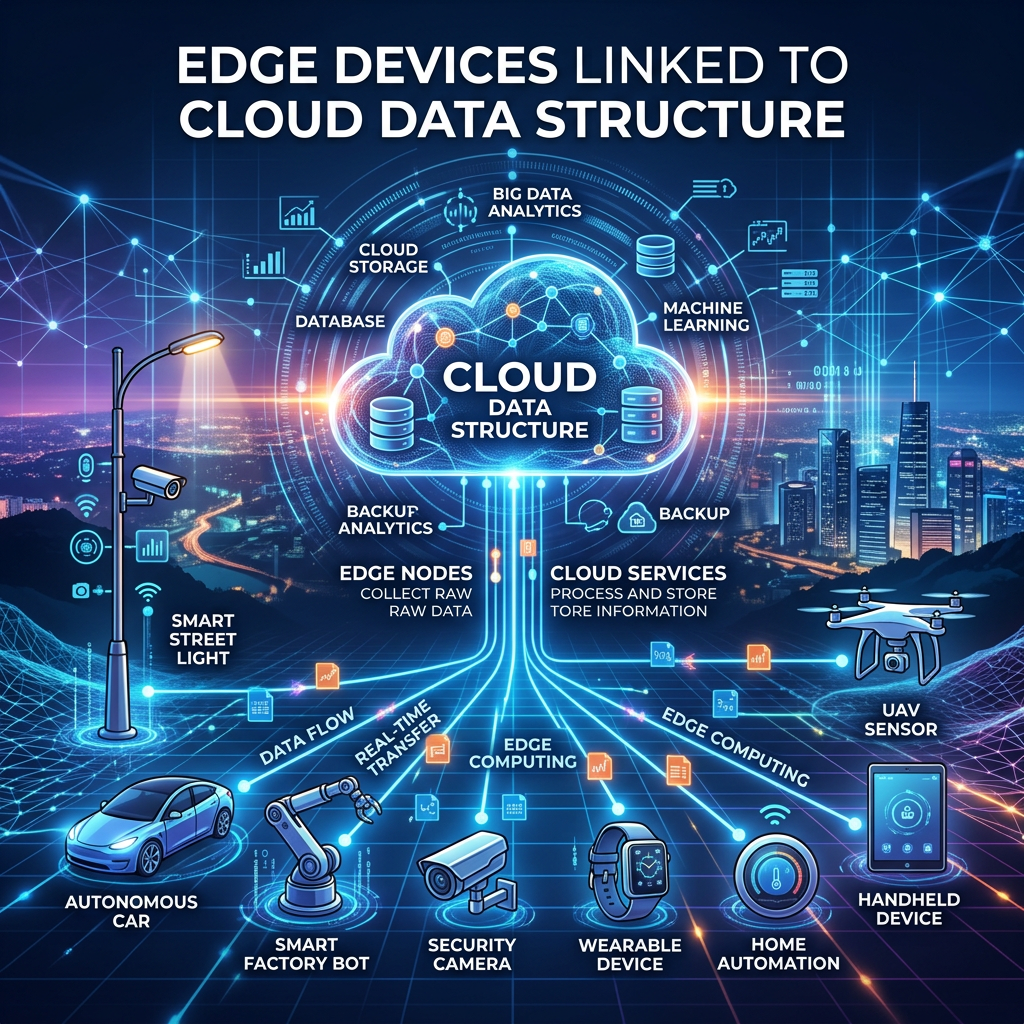 Diagram showing edge devices like smart street light, autonomous car, factory bot, security camera, wearable device, home automation, UAV sensor, and handheld device connected to cloud data structure